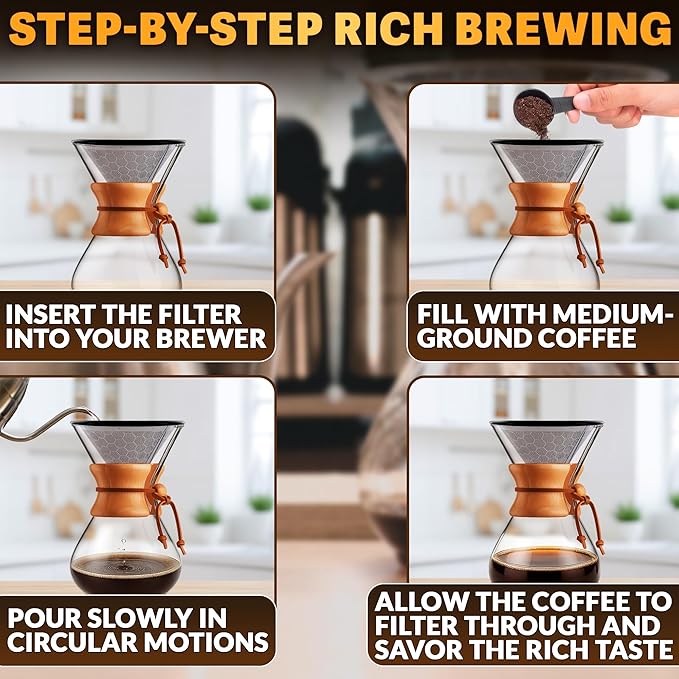 Stainless Steel Pour Over Coffee Filter Compatible with Hario V60 and Chemex Coffee Filter - Reusable 1-2 Cup Paperless Coffee Maker - Easy to Clean Fine Mesh for Smooth Extraction and Rich Flavor