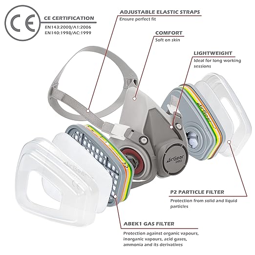 AirGearPro M-500 ABEK1-P2 Reusable Respirator Mask | Anti-Dust Gas mask Ideal for Spray Painting, Sanding, Building work, Chemical, DIY and more.