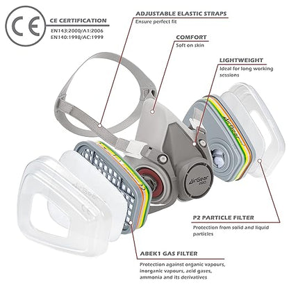 AirGearPro M-500 ABEK1-P2 Reusable Respirator Mask | Anti-Dust Gas mask Ideal for Spray Painting, Sanding, Building work, Chemical, DIY and more.