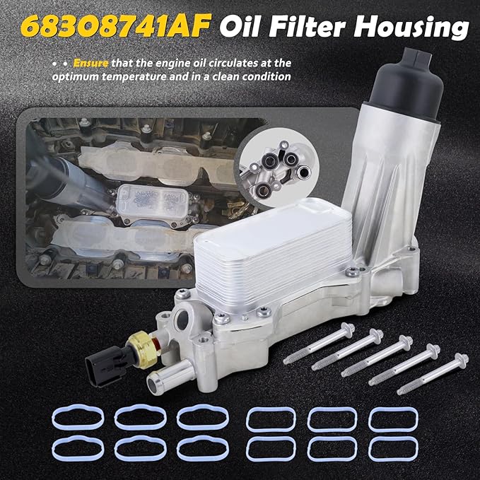 926-876 Upgraded Aluminum Engine Oil Filter Housing with Oil Cooler Compatible with 2021-2023 Dodge Challenger Charger Durango Jeep Wrangler Cherokee Chrysler 300 3.6L Replace# 68308741AF
