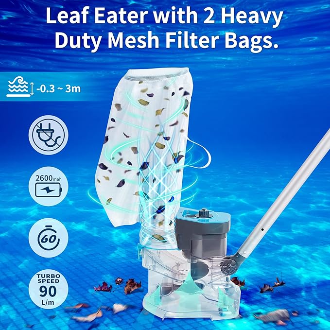 Cordless Pool Leaf Vacuum Cleaner with Dual Filter Bags for Above Ground & Inground Pools – Heavy Duty Swimming Pool Vacuum, 24GPM Strong Suction for Easy Leaf & Debris Removal