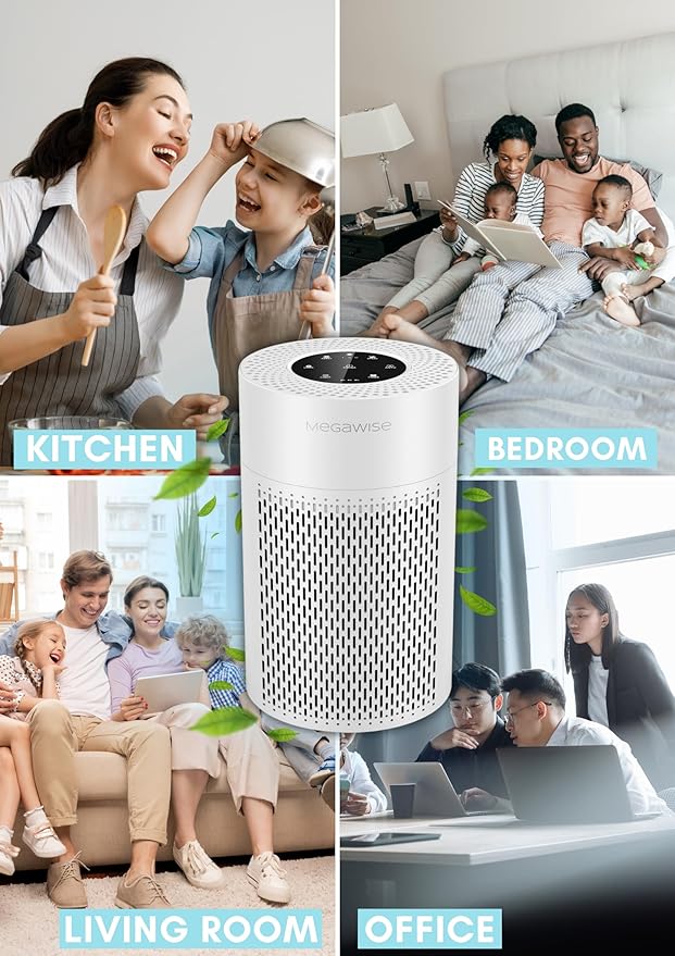 MEGAWISE Air Purifier for Home, Bedroom & Office, H13 True HEPA Filter, Smart Air Quality Sensor, Removes Dust, Smoke & Odors, Quiet Sleep Mode, Covers Up to 216 sq. ft.