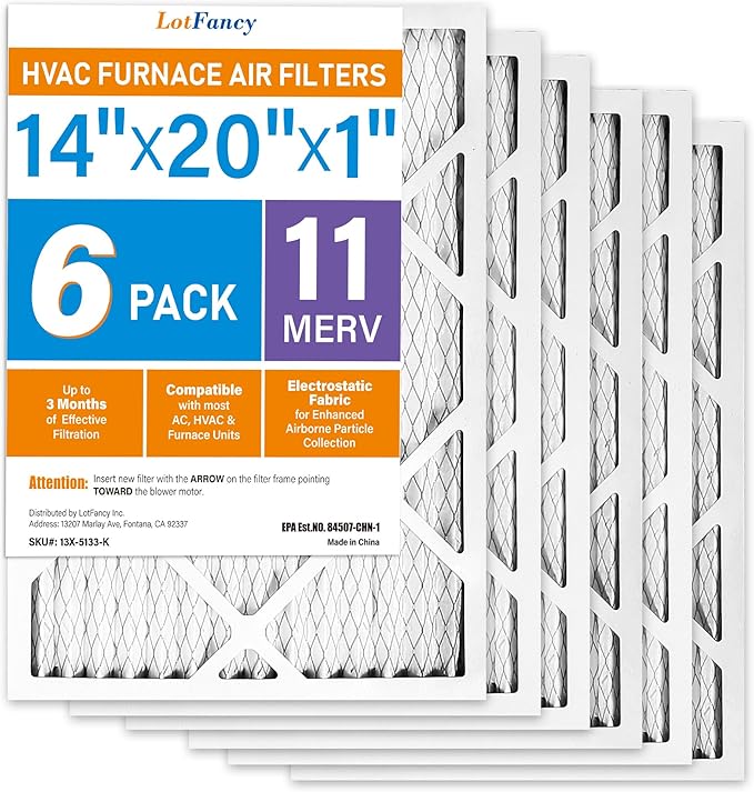 LotFancy 14x20x1 Air Filter MERV 11 6-Pack, Electrostatic Pleated AC Furnace Air Filter, Captures Dust, Smog & Pet Dander, Actual Size: 13.75"x19.75"x0.75"