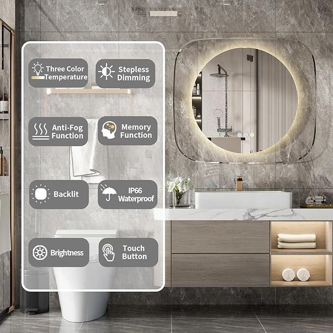 LUVODI Lighted LED Bathroom Mirror: 28”x32” Transparent Wall Mounted Vanity Mirror with Bright Back Lit - Illuminated Dimmable 3 Colors Mirrors with Smart Memory Form Anti-Fog for Bathroom