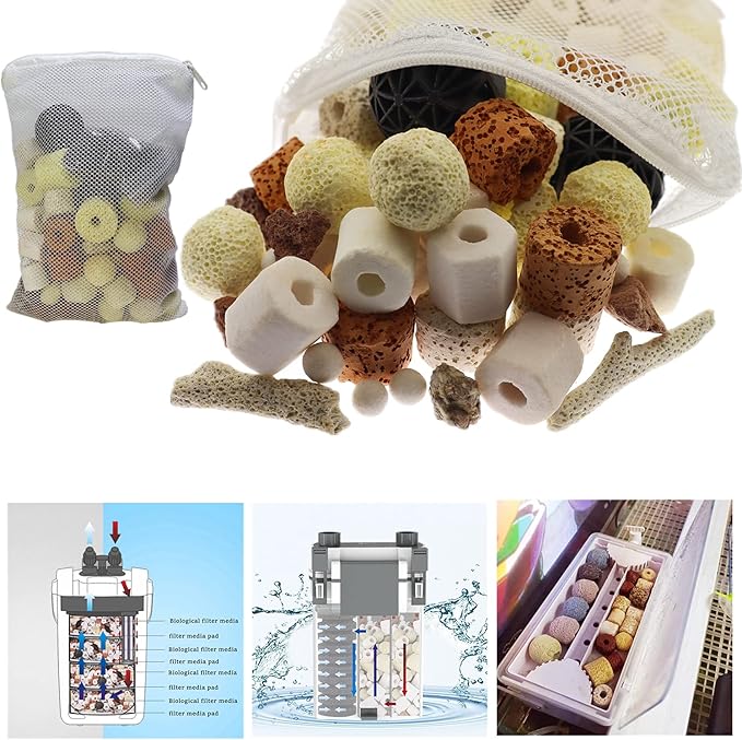 Aquarium Filter Media: 12-in-1 Bio Balls & Ceramic Rings Kit (500g) for Fish Tank or Pond - Includes Zippered Mesh Bag