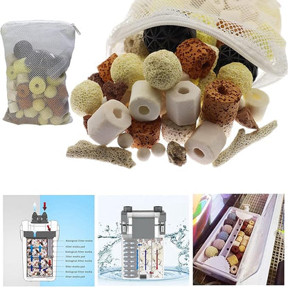 Aquarium Filter Media: 12-in-1 Bio Balls & Ceramic Rings Kit (500g) for Fish Tank or Pond - Includes Zippered Mesh Bag