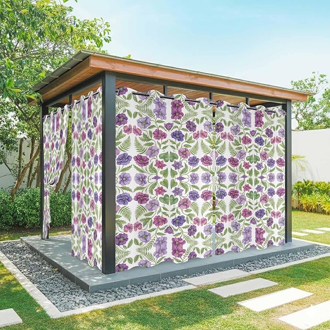 Flowers Outdoor Curtains for Patio Summer Floral Pastoral Farmhouse Plant Waterproof Outside Curtains with Grommet Top Weatherproof Curtain for Cabana Pergola Gazebo, 1 Panel, 54" W x 95" L