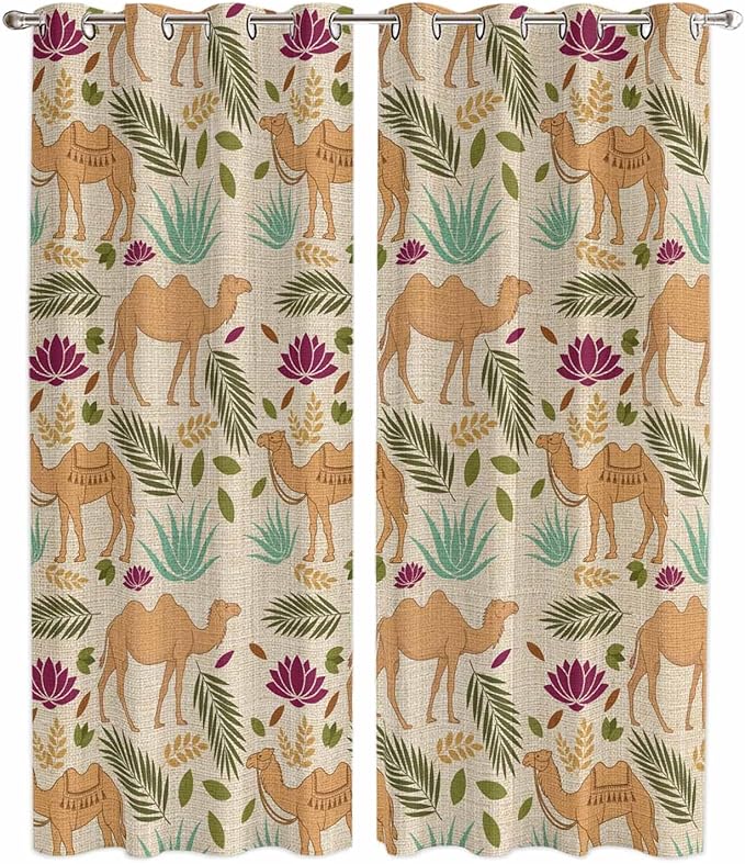 2 Panel Kitchen Cafe Curtains, Desert Camels Sunlight Filtering Nature Air Through, Home Decor Window Covering Tier Curtains for Living Room 104W x 96L inch Vintage Sand Animals Aloe Vera Leaves Beige