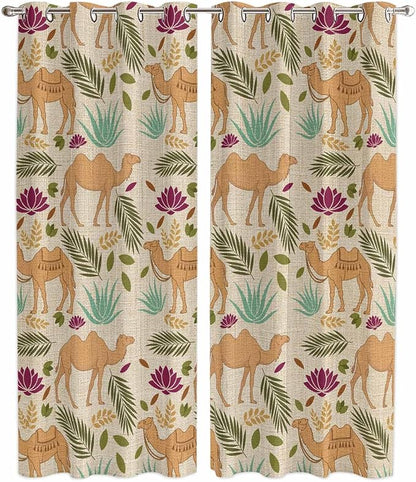 2 Panel Kitchen Cafe Curtains, Desert Camels Sunlight Filtering Nature Air Through, Home Decor Window Covering Tier Curtains for Living Room 104W x 96L inch Vintage Sand Animals Aloe Vera Leaves Beige