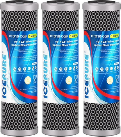 ICEPURE 1 Micron 10" x 2.5" Whole House Upgraded Coconut Shell Activated Water Filter Lead Remove Filter Cartridge Replacement for WFPFC8002, SCWH-5, WHCF-WHWC, FXWTC, CTO10-CQB, RO Unit, 3PACK