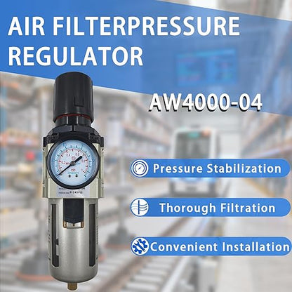HengMinLingTong 1/2" NPT Compressed Air Filter Regulator Combo Piggyback, 5 Micron Brass Element, Poly Bowl, Semi-Auto Drain, Metal Bracket, 0-150 psi AW4000-04