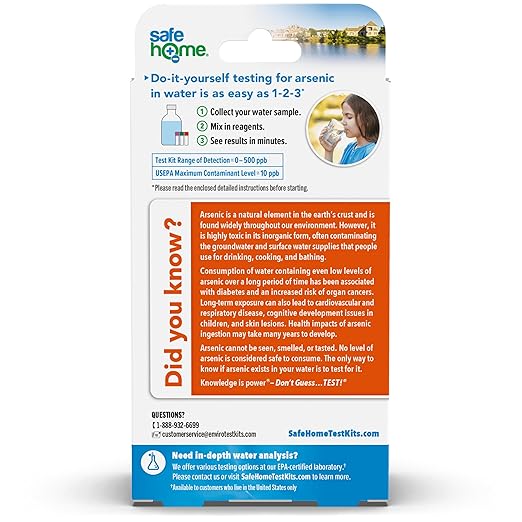 Safe Home® DIY Arsenic in Water Test Kit – at Home Testing for Arsenic in Any Freshwater Supply – Detection 0-500 PPB – Fast Results – (2 Pack)
