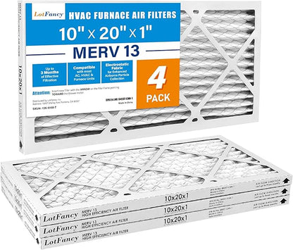 LotFancy 10x20x1 Air Filter MERV 13 4-Pack, Electrostatic Pleated HVAC Furnace Air Filter, Captures Pet Dander Smog Smoke, Actual Size: 9.75"x19.75"x0.75"
