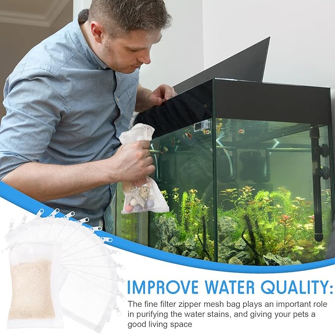 Geiserailie 15 Pieces Aquarium Filter Media Bags 150 Micrometer Fine Filter Bags Mesh Reusable with Zipper for Activated Carbon Resins(2.4 x 4 Inch)