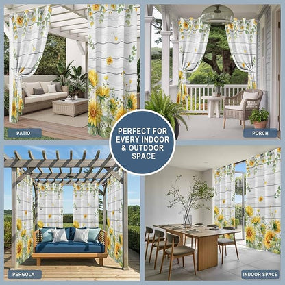 Sunflowers Outdoor Curtains for Patio Summer Floral Eucalyptus Leaf Wood Plank Waterproof Outside Curtains with Grommet Top Weatherproof Curtain for Cabana Pergola Gazebo, 1 Panel, 54" W x 108" L