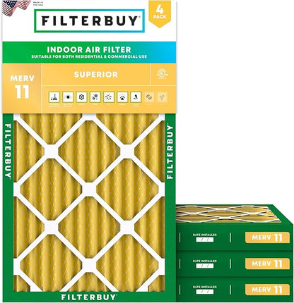 Filterbuy 14x24x2 Air Filter MERV 11 Superior Pet & Allergy Defense (4-Pack), Electrostatic Pleated HVAC AC Furnace Filters Replacement, Made in USA (Actual Size: 13.50 x 23.50 x 1.75)