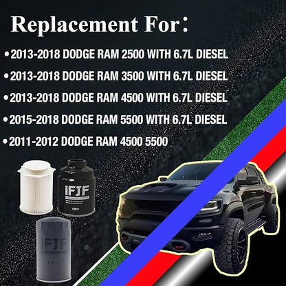 iFJF 68197867AA 68157291AA Fuel Filter and 5083285AA Oil Filter Replacement for Ram 6.7L 2013-2018 2500 3500 4500 5500 Diesel Engines Replaces 68065608AA 68197867AB 5016547AA