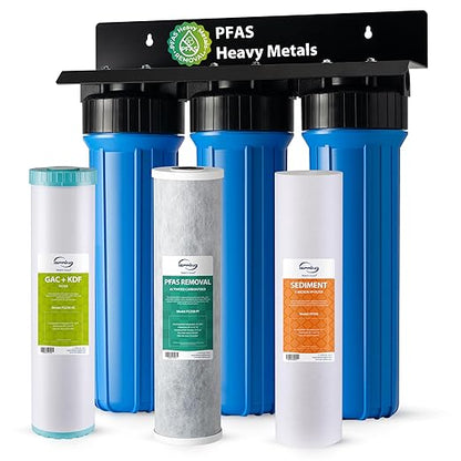 iSpring PFAS & Heavy Metals Whole House Water Filter System, SGS-Tested to Reduce Up to 99% PFOA & PFOS 3-Stage Filtration Removes Sediment, Lead, 20” x 4.5” Filters 1” Inlet/Outlet Model: WGB32B-PFKS