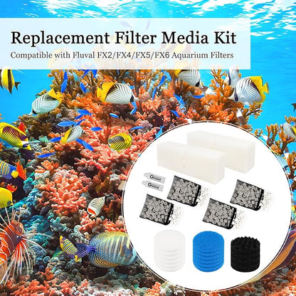 28 PCS Replacement Filter Media Kit Compatible with Fluval FX2/FX4/FX5/FX6 Aquarium Filters Include Media, Carbon Foam Pad, Water Polishing Pads, Bio-Foam Pads, Foam Block, Silicone Lube, Mesh Bag