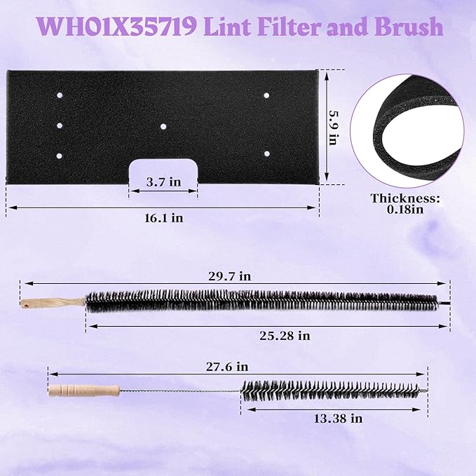 WH01X35719 Lint Filter Compatible with Ge Profile Washer Dryer Combo Foam Filter for PFQ97HSPV0DS Combo Washer Dryer Filter with Lint Brush (1 Long Handled Brush) - Hand Washable and Reusable (2pack)