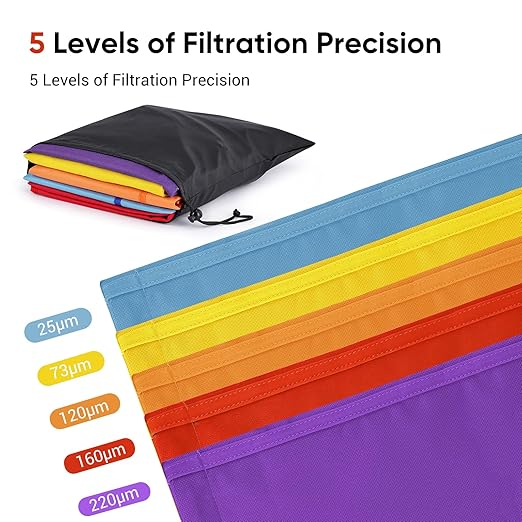 5 Gallon Filter Bag, 5 Pack Mesh Filter Bags with Handle 25-220 Micron Bags for Hydroponics, Brewing, Gardening, Reusable Straining Bag with Filter Screen and Storage Pouch