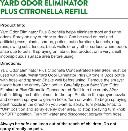 NaturVet – Yard Odor Eliminator Plus Citronella Spray – Eliminate Stool and Urine Odors from Lawn and Yard – Designed for Use on Grass, Patios, Gravel, Concrete & More – 64oz Refill (No Hose Nozzle)