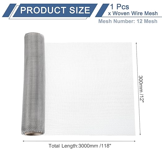 uxcell 12 Mesh 118" x 12" Woven Wire Mesh, 304 Stainless Steel Air Vent Filter Screen, Window Screen Mesh for DIY Projects Vents Cover Filtration Animals Fence