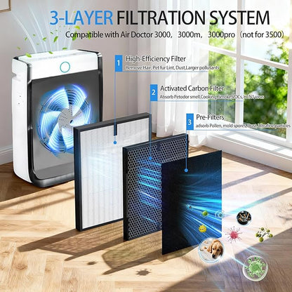12 Pack 3000 Replacement Air Filters Compatible With Air Doctor 3000, 3000m, 3000pro Air Puri-Fier, includes 2 Premium Air Replacement Filters + 2 Activated Carbon Filters + 8 Pre-Filter