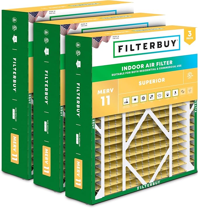 Filterbuy 24x25x5 Air Filter MERV 11 Superior Pet & Allergy Defense (3-Pack), Electrostatic Pleated HVAC AC Furnace Filters for Carrier FILXXCAR0024, Maytag & More (Actual Size: 23.63 x 24.69 x 4.25)