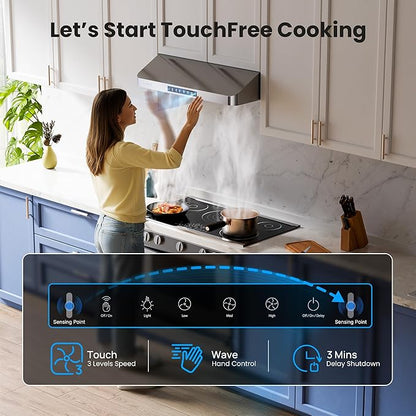 Under Cabinet Range Hood 36 Inch, 980CFM Fast Venting Kitchen Hood With 3 Speed Gesture Sensing & Touch Control, Stainless Steel Stove Hood With LED Light And 2 Baffle Filters