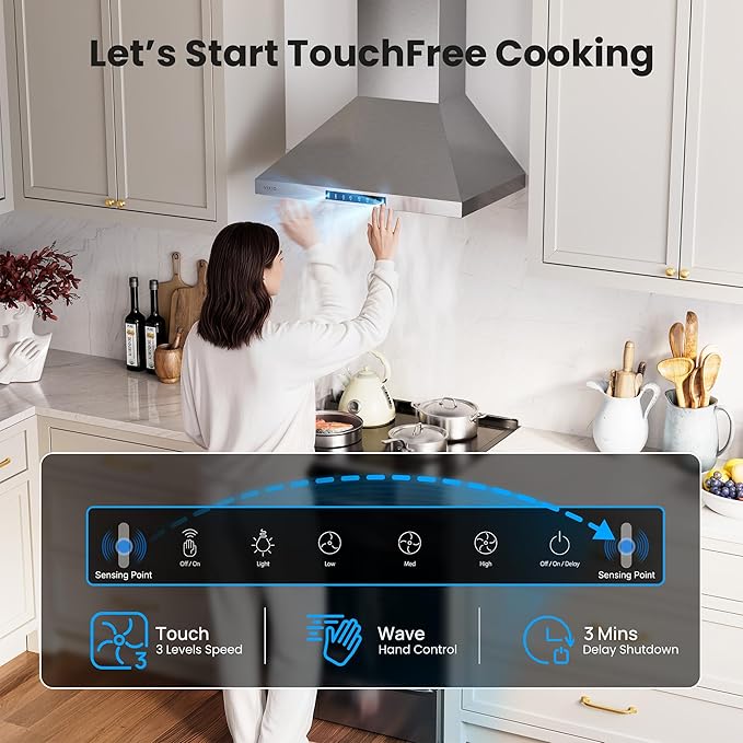 Wall Mount 36 Inch Range Hood 900 CFM, Ductless/Ducted Convertible Kitchen Hood, 3-speed Gesture Sensing & Touch Control, Stainless Steel Kitchen Vent Hood with Permanent Baffle Filters