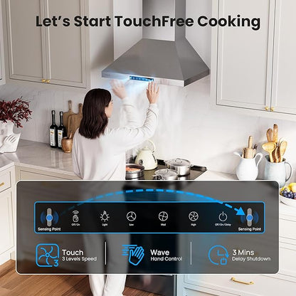 Wall Mount 30 Inch Range Hood 900 CFM, Ductless/Ducted Convertible Kitchen Hood, 3-speed Gesture Sensing & Touch Control, Stainless Steel Kitchen Vent Hood with Permanent Baffle Filters