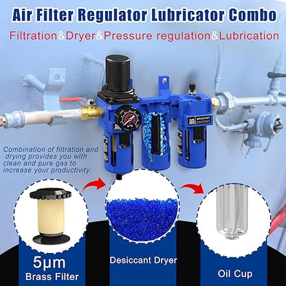 NEWPO 1/2'' NPT Compressed Air Filter Regulator Lubricator Combo with Pressure Gauge,Brass Filter and Desiccant Dryers,Semi-Auto Drain, Metal Bracket-Blue