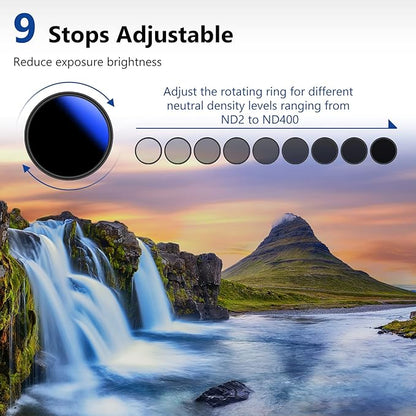 NEEWER 52mm Variable ND Filter ND2-ND400 (1-9 Stops), Neutral Density Filter, Multiple Coatings, Water and Scratch Resistant
