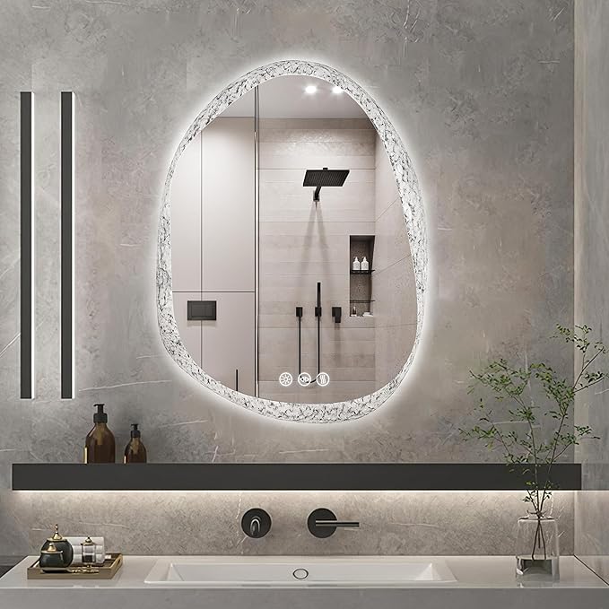 LUVODI Lighted LED Bathroom Mirror: 28”x20”Irregular Stone Pattern Frosted Wall Vanity Mirror with Bright Back Lit - Illuminated Dimmable 3 Colors Vanity Mirrors with Smart Memory Form Anti-Fog