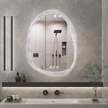 LUVODI Lighted LED Bathroom Mirror: 28”x20”Irregular Stone Pattern Frosted Wall Vanity Mirror with Bright Back Lit - Illuminated Dimmable 3 Colors Vanity Mirrors with Smart Memory Form Anti-Fog
