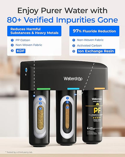 Waterdrop TSB-PF Under Sink Water Filter, 𝐑𝐞𝐝𝐮𝐜𝐞𝐬 𝟖𝟎+ 𝐈𝐦𝐩𝐮𝐫𝐢𝐭𝐢𝐞𝐬-PFAS, Chlorine, Chloramine, Fluoride, Taste&Odor, 9 Layer Under Sink Water Filtration System,with A Separate Faucet