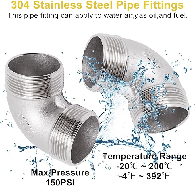 90 Degree Elbow 1PCS, 1-1/2" NPT Male X 1-1/2" NPT Male 304 Stainless Steel Pipe Fitting, Connector Coupler Apply to Outdoor Garden Industrial