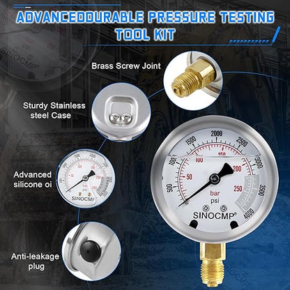 SINOCMP Hydraulic Pressure Gauge Test Kit Tractor Hydraulic Tester Set with 3 Gauges(25/40/60Mpa) 3 Hoses(64.5in) 11 Quick Connectors for Excavator Construction Machinery(Silver)