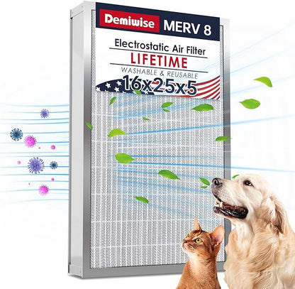 16x25x5 Reusable Electrostatic Air Filter, MERV 8 Lifetime Aluminum AC/HVAC Furnace Filter, Honeywell FC100A1029, Lennox X6670, Carrier, Bryant Increases Airflow（Actual Size:15.75"x 24.5"x4.75")