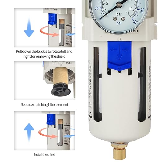 BLCH 1/2" NPT Air Compressor Filter - Air Pressure Regulator Filter Combo,Compressed Air Dryer AW4000-04 Semi-Auto Drain Poly Bowl Gauge 0-160 PSI 5μm