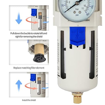 BLCH 1/2" NPT Air Compressor Filter - Air Pressure Regulator Filter Combo,Compressed Air Dryer AW4000-04 Semi-Auto Drain Poly Bowl Gauge 0-160 PSI 5μm