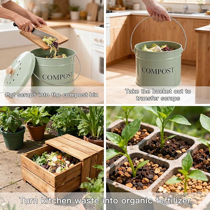 Compost Bin for Kitchen Counter, 1 Gallon Compost Bucket with Lid and Charcoal Filter, Countertop Composter, Rust Proof Indoor Food Waste Bin, Green