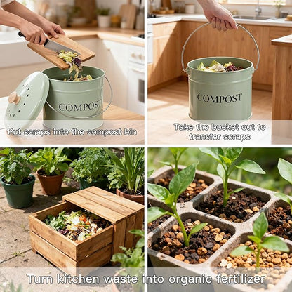 Compost Bin for Kitchen Counter, 1 Gallon Compost Bucket with Lid and Charcoal Filter, Countertop Composter, Rust Proof Indoor Food Waste Bin, Green