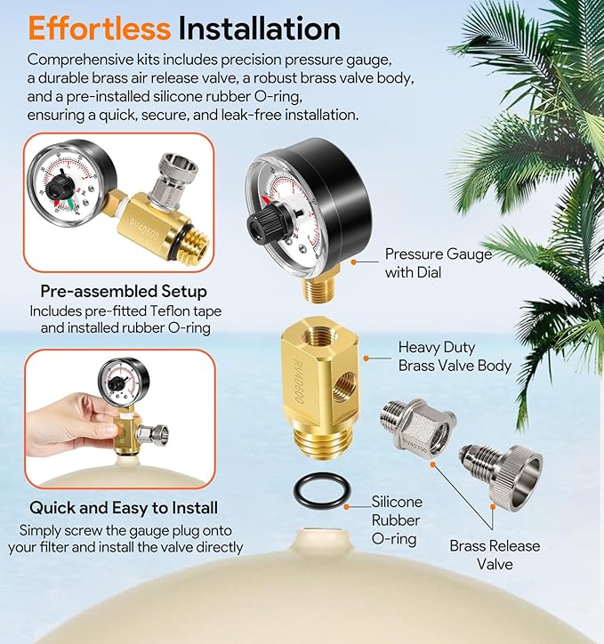 RV40600 98209800 Brass Air Relief Valve with Pressure Gauge, Air Release Valve Replacement Parts For All FNS, FNS Plus, Clean and Clear, Quad DE, Predator, 4000 Series, EasyClean, Warrior Pool Filter