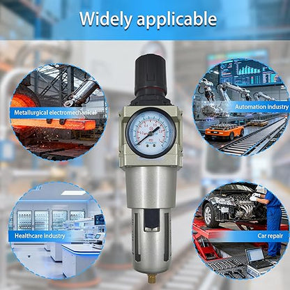 HengMinLingTong 1" NPT Compressed Air Filter Regulator Combo Piggyback, 5 Micron Brass Element, Poly Bowl, Semi-Auto Drain, Metal Bracket, 0-150 psi AW5000-10