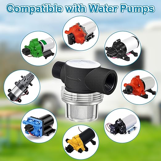 Dreyoo RV Water Pump Strainer Filter, 1/2 Twist On Pipe Strainer, 1/2 x 14 NPT x 1/2 Inch Barb Elbow and 2 Straight Swivel Adapter, RV Plumbing Fittings with PTFE Thread Seal Tape