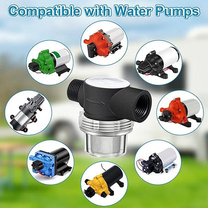 Dreyoo RV Water Pump Strainer Filter, 1/2 Twist On Pipe Strainer, 1/2 x 14 NPT x 1/2 Inch Barb Elbow and 2 Straight Swivel Adapter, RV Plumbing Fittings with PTFE Thread Seal Tape