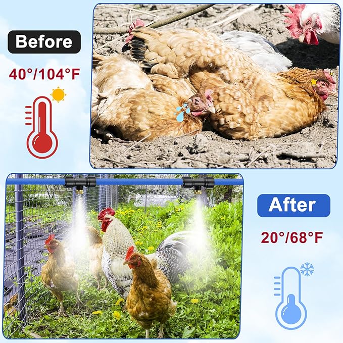 Upgraded 33FT Chicken Coop Cooling System with Water Filter Misting Cooling System Line & 20 Brass Mist Nozzles Teflon Tape 3/4" Adapter Chicken Coop Accessories for Patio Backyard Outdoor Summer Heat