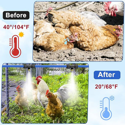 Upgraded 33FT Chicken Coop Cooling System with Water Filter Misting Cooling System Line & 20 Brass Mist Nozzles Teflon Tape 3/4" Adapter Chicken Coop Accessories for Patio Backyard Outdoor Summer Heat